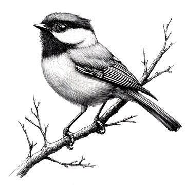 Detailed black and white illustration of a chickadee perched on a branch.
