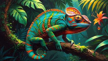 Fototapeta premium Vibrant chameleon perched on a branch amidst lush tropical foliage.