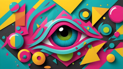 Abstract eye illustration with vibrant geometric shapes and colors.