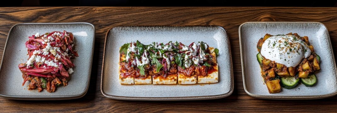 Three gourmet appetizer plates featuring unique flavor combinations and vibrant colors.