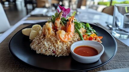 Fried Rice with Tempura Shrimp on Restaurant Table