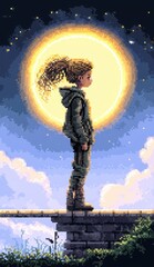 Obraz premium Pixel Art Girl Silhouette Mystical Sunset Halo Digital Painting Fantasy Illustration