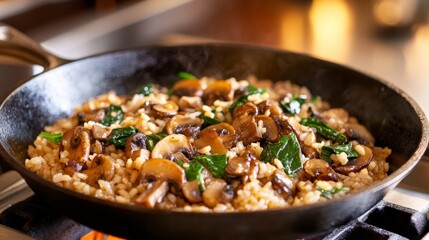 Sizzling Mushroom and Spinach Rice in Cast Iron Pan
