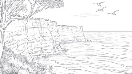 Obraz premium Sketch of coastal cliff, ocean, tree, and birds.