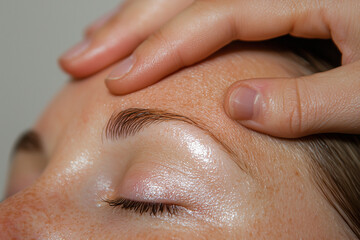 Fototapeta premium Gentle pressure applied to woman forehead, showcasing skin texture and relaxation. close up highlights beauty of natural features and self care