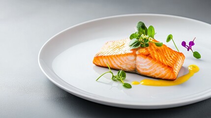 A plate of salmon with a yellow sauce and herbs on top
