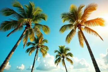 Obraz premium Majestic coconut palms bathed in golden sunlight, azure sky backdrop , view, bright
