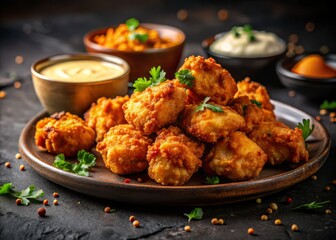 Crispy Fried Chicken Bites with Dipping Sauce - Minimalist Night Food Photography