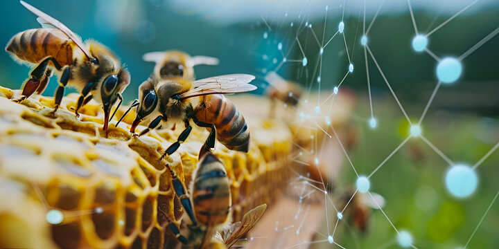 Detailed macro shot of honeybees working on a honeycomb with a digital network overlay, representing modern beekeeping, data collection, and sustainable ecological practices.
