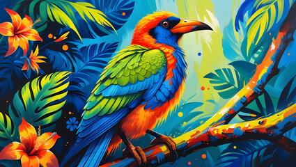 Obraz premium Vibrant tropical bird perched on a branch amidst lush foliage.