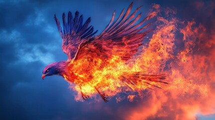 Fototapeta premium Fiery eagle in flight, engulfed in flames against a stormy sky.