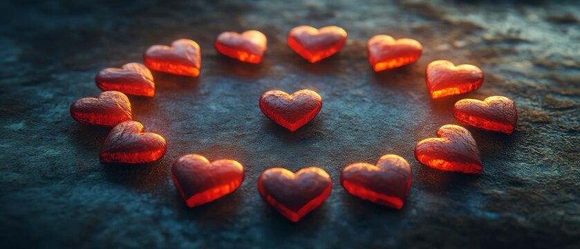 Adults forming a circle with glowing red hearts, expressing care, support, and love, Valentine s Day and heart health concept