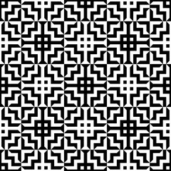 A seamless pattern featuring intricate geometric designs with black and white contrast, bold abstract lines. Suitable for backgrounds, wallpapers, textiles, fabrics, etc.