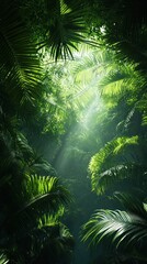 Lush and enchanting tropical rainforest canopy with sunlight beams filtering through the dense verdant foliage  Serene mystical and primeval atmosphere in the heart of a primordial jungle landscape