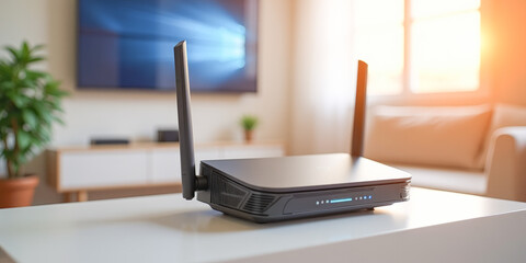 Wi-Fi router on the table in the stylish living room of a modern house