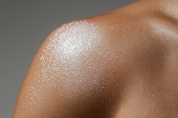 close up view of glistening shoulder, showcasing smooth skin texture and sheen. image captures beauty of skin under soft lighting, emphasizing its natural glow