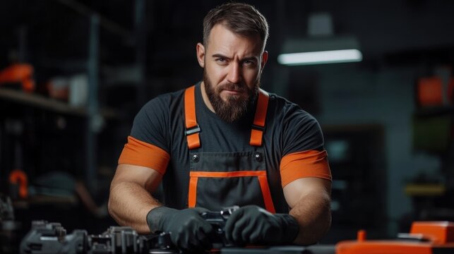 Strong Man in Workshop Preparing Tools for Mechanical Repairs with Focus and Precision