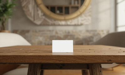 A blank white card stands on a rustic wooden table in a cozy, well-decorated room with a large round mirror and soft lighting.