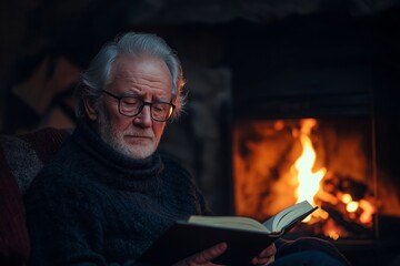 A man reads by the fireplace, illustrating warm cozy home ideas. The interior of the house exudes a peaceful ambiance perfect for relaxation.