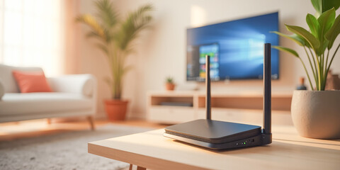 Wi-Fi router on the table in the stylish living room of a modern house
