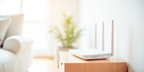 Wi-Fi router on the table in the stylish living room of a modern house