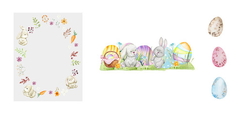 Set of Happy Easter watercolor cards with cute Easter rabbits, egg, spring flowers in pastel colors