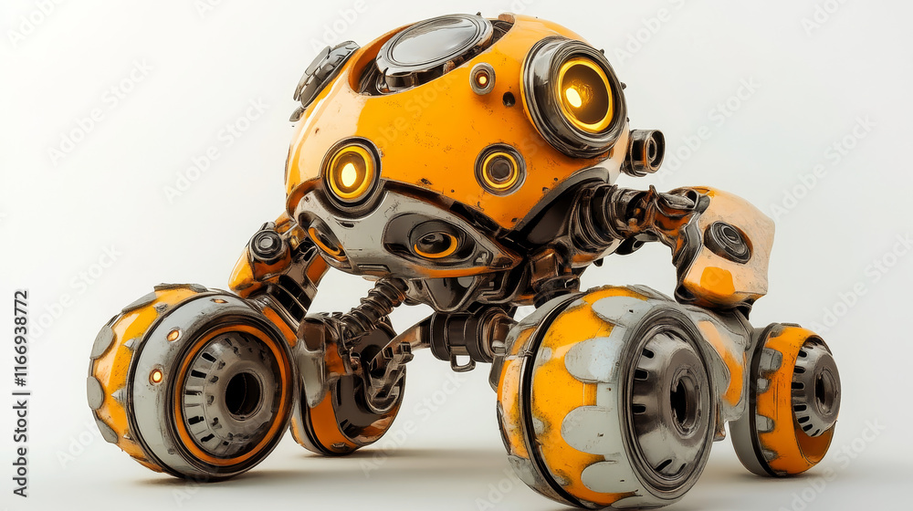 Poster robot color line icon, cartoon robotic droid character or android bot on wheel, vector outline. retr