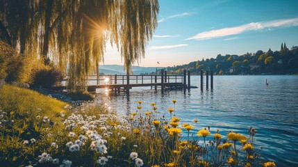 Serene sunrise over lake with wooden dock, willow tree, and wildflowers.