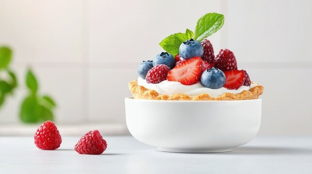 A bowl of fruit with blueberries and strawberries on top of a white dessert
