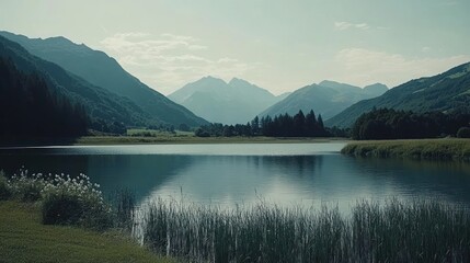 Naklejka premium Serene mountain lake reflecting hazy blue sky, green hills, and lush vegetation.