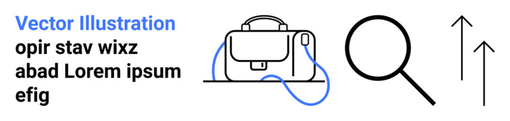 Business briefcase with strap, magnifying glass, upward arrows. Ideal for business, growth, search concepts, corporate presentations, financial growth, educational materials, and website visuals