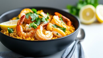 A black bowl of shrimp and rice with a lemon wedge on the side