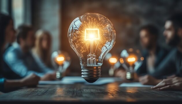 People sitting around a table, brainstorming with ideas exploding into light bulb shapes, teamwork, learning, and strategy concept