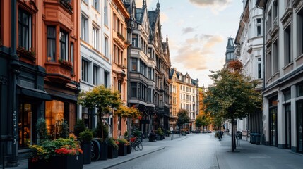 Obraz premium Scenic Urban Street View with Classic Architecture and Lush Greenery During Golden Hour Lighting