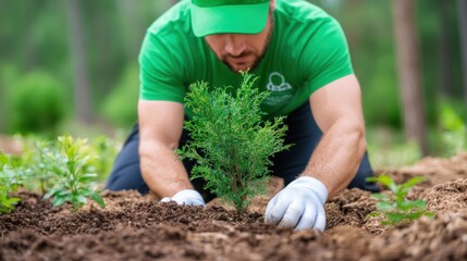 Fototapeta premium Close-Up of Man Planting Young Tree in Soil, Nurturing Nature Through Sustainable Practices and Green Initiatives