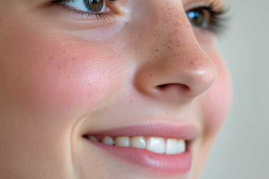 close up view of smiling face with dimples and freckles, showcasing healthy skin and bright eyes. expression conveys joy and warmth, highlighting natural beauty
