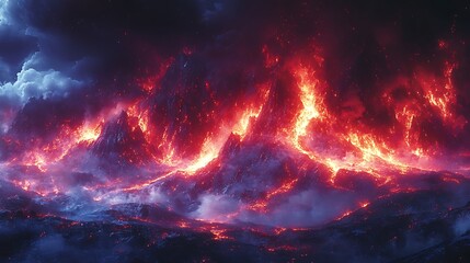 Fototapeta premium Fiery Lava Flows Across Volcanic Mountain Range