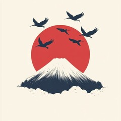 A serene illustration of a mountain with birds flying against a red sun in a tranquil setting.