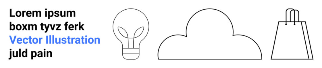 Light bulb, cloud, and shopping bag outline icons next to placeholder text. Ideal for tech, innovation, cloud computing, shopping, retail e-commerce minimalism. Landing page