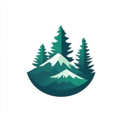 Obraz premium Stylized mountain landscape featuring green pine trees and snow-capped peaks.