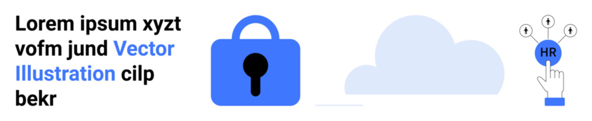 Blue padlock signifying security, cloud icon symbolizing data storage, and HR icon with a pointing finger. Ideal for cybersecurity, data protection, cloud services, HR tech, online safety, privacy