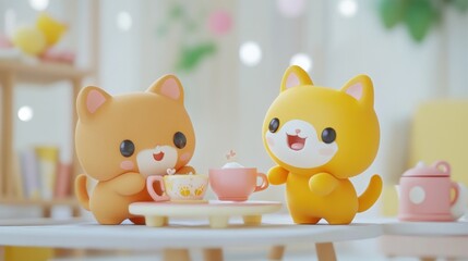 Two cute cartoon cats enjoying tea party on a miniature table.
