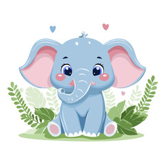 Obraz premium Cute elephant sitting with palm leaves vector illustration. Cartoon style image of a small mammal animal. For prints and children's room design.