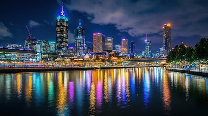 Naklejka premium Vibrant city skyline at night reflected in calm water.