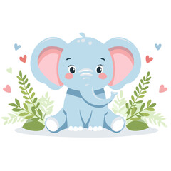 Obraz premium Cute elephant sitting with palm leaves vector illustration. Cartoon style image of a small mammal animal. For prints and children's room design.