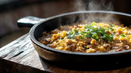 Sizzling Pork Belly Fried Rice in Rustic Kitchen