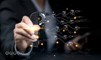 Businessman touch automated data management system to create reports with KPIs and indicators...