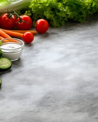 Fresh Vegetables and Dressing healthy diet on a Gray Background, Perfect for Healthy Eating Concepts, Recipes, and Culinary Inspiration for Food Photography