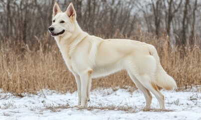 Fototapeta premium A white German Shepherd dog standing in the snow, with a snowy forest background