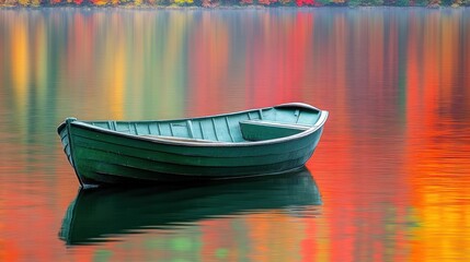 Obraz premium Green rowboat on calm lake reflecting autumn foliage.